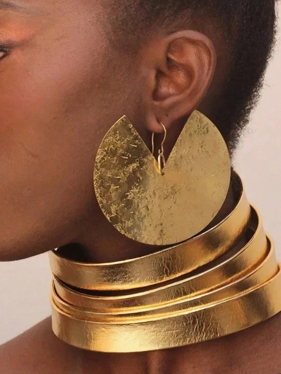 Gold Disc Statement Earrings - Women Jewelry R 398 - Picture 4 of 4